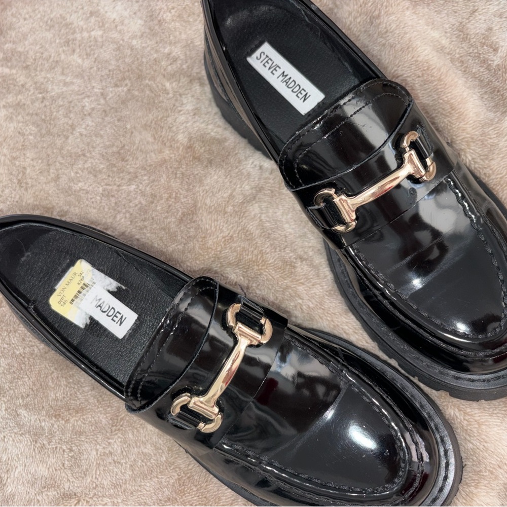 Steve Madden Black Patent Loafers with Gold Detail